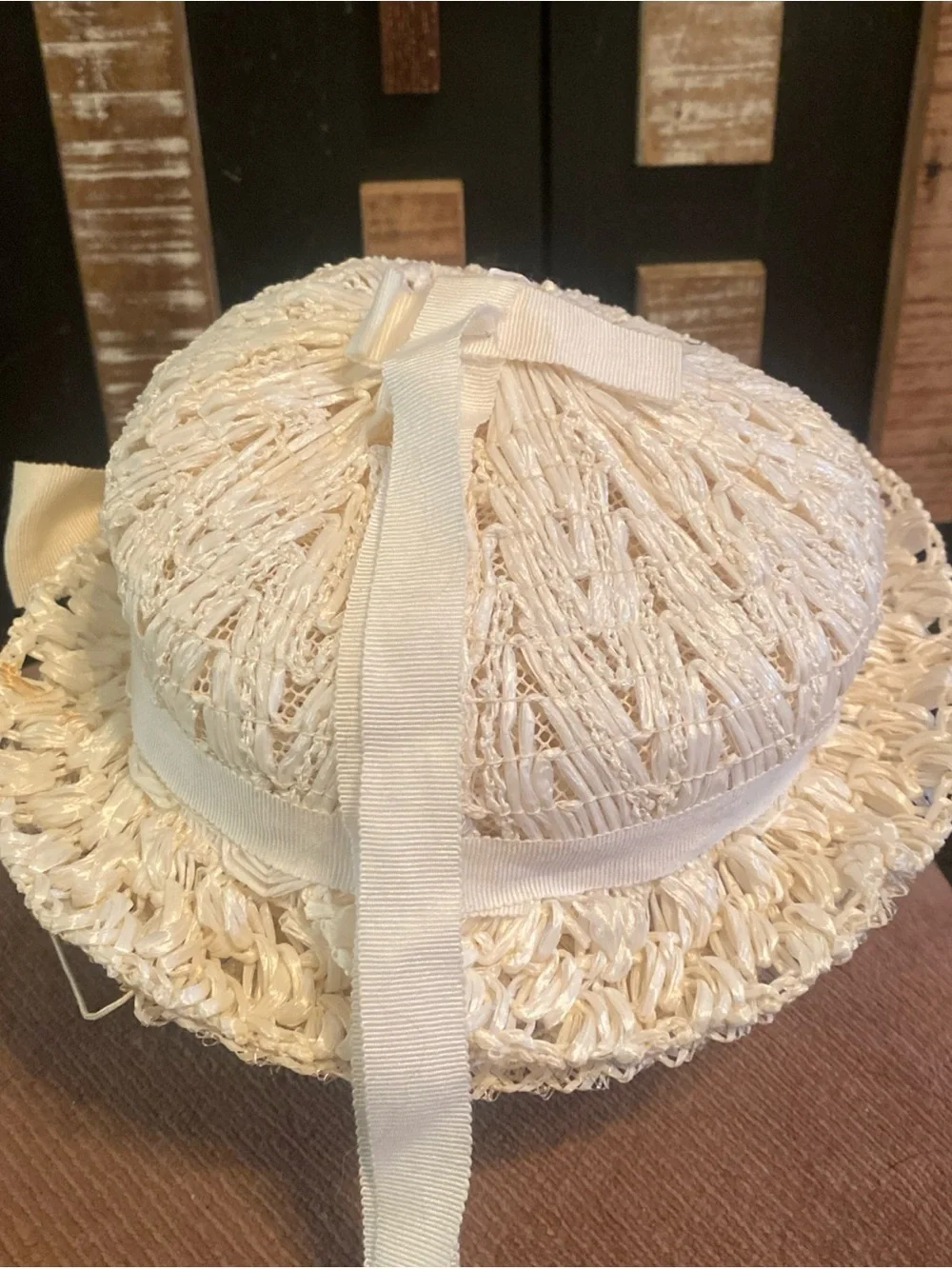 Vintage 1950’s Cream Straw Sun Hat with Bow - Women's Summer Hat